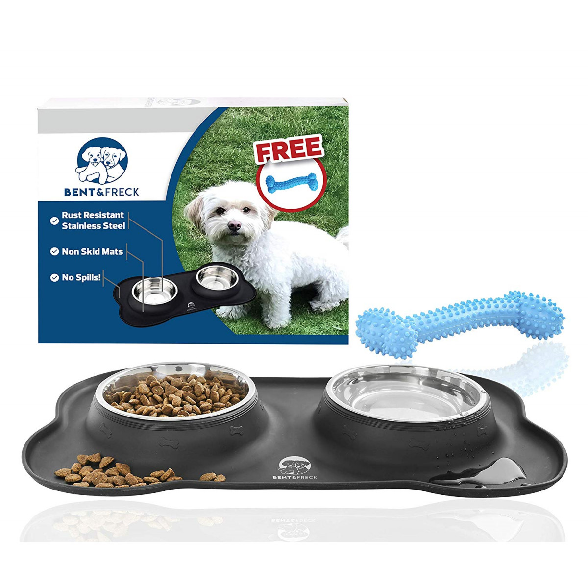 Perfect Feeding Tray for Small Dogs and Puppies Non Skid Mat with Stainless Steel Bowls and Bonus Chew Toy No Spill Dog Bowls by Bent&Freck Untippable Holder Prevents Food Water Spills and Mess 