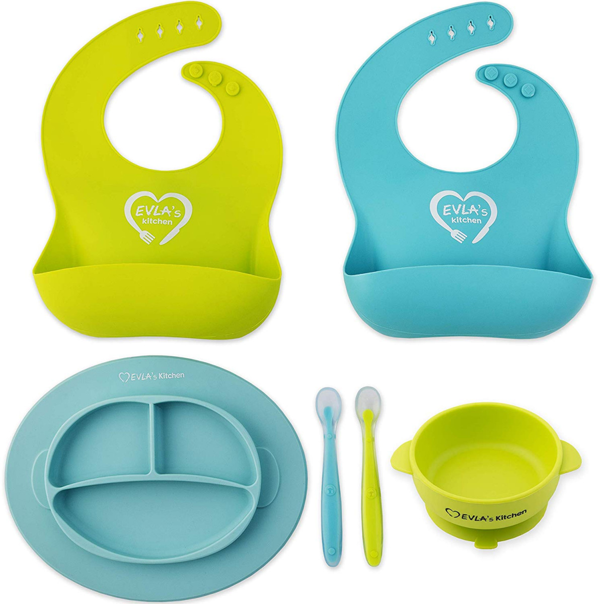 EVLA'S Baby Feeding Set | Silicone Bib Plates Bowls Spoons | Divided Plate Suction Bowl & Soft Spoon Aids Self Feeding | Adjustable