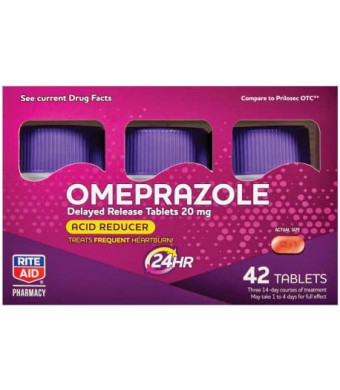 Rite Aid Acid Reducer Omeprazole Delayed Release Tablets - 20 mg, 3 Bottles, 14 Count Each (42 Count Total) - Heartburn Relief - Heartburn Medicine - Treats Frequent Heartburn