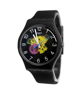 Swatch SUOB140 Patchwork Yellow Pink Transparent Dial Black Silicone Band Watch
