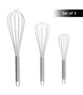 Wire Whisk Set- 3 Piece Stainless Steel Kitchen Utensils, Hand Mixers for Whipping Cream, Mixing Dough, Beating Eggs by Classic Cuisine (3 Sizes)