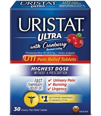 Uristat Ultra UTI Pain Relief Tablets, Fast Urinary Tract Infection Relief of Urinary Pain, Burning, Urgency, Maximum Strength, Cranberry Flavored Coating, 30 Tablets