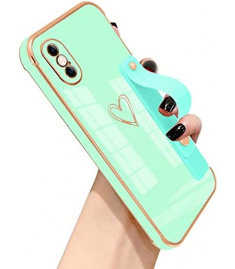 WOYAOFA Compatible with iPhone Xs Max 6.5" Case Thin for Women Girls,Soft TPU Plating Bumper Wristband Holder Bling Phone Case Slim Anti-Scratch Shockproof Love Heart Cute Case Cover(Elegant Green)