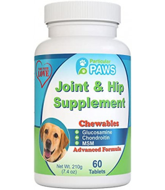 Particular Paws Glucosamine for Dogs Advanced Joint and Hip Supplement with MSM, Chondroitin, Vitamin C & E, Hyaluronic Acid, Omega 3 & Omega 6-60 Chewable Tablets