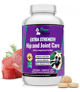 Peppy-Paws Glucosamine Chondroitin for Dogs with MSM - All Natural Joint Supplement for Dogs - Improves Mobility - Hip Dysplasia - Dog Joint Pain - Reduces Inflammation-120 Beef Flavored Tablets