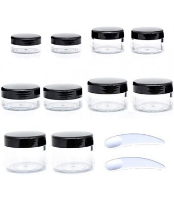 ZEJIA 10pcs Sample Containers with Screw Lids,5 Size 3/5/10/15/20 Gram Empty Cosmetic Jars with 12pcs Lables and 2pcs Mini Disposable Spatula,Makeup Sample Containers BPA Free