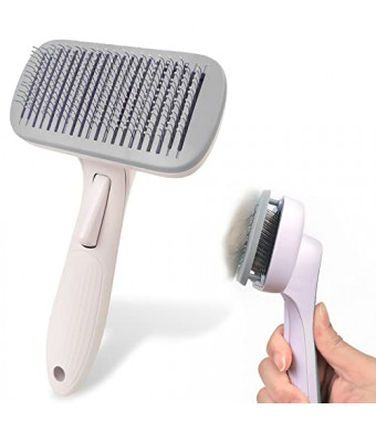 PETDOM Self Cleaning Slicker Brush with Cover - Cat Dog Grooming Brush for Shedding - Gently Remove Loose Undercoat, Mats & Tangled Hair (Gray)