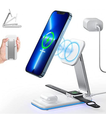 Portable Mag-Safe Wireless Charger 3 in 1 Foldable, BOCLOUD Fast Wireless Charger Station Aluminum Charger Stand for iPhone 14,13,12 Pro Max/Pro/Mini, iWatch 8/SE2/7/6/SE/5/4/3/2, AirPods3/2 Pro1/2