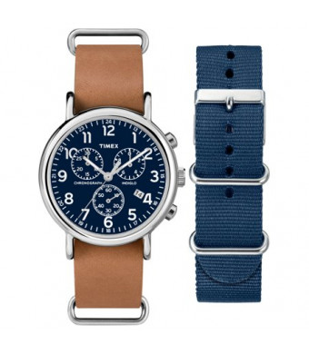 Timex Unisex Weekender Chronograph Watch Gift Set, Brown Leather Strap + Extra Navy Nylon Strap