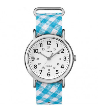 Timex Women's Weekender Watch, Teal Gingham Nylon Slip-Thru Strap