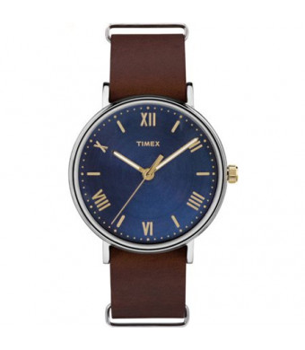 Timex Men's Southview 41 Blue/Silver-Tone Watch, Brown Leather Strap