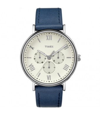 Timex Unisex Southview 41 Multifunction White/Silver-Tone Watch, Blue Leather Strap