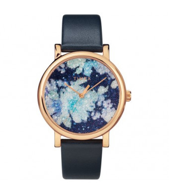 Timex Women's Crystal Bloom Blue/Rose Gold Floral Watch, Leather Strap