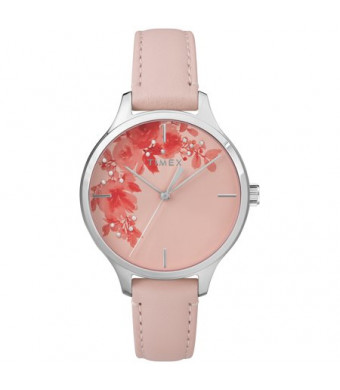 Timex Women's Crystal Bloom Pink/Silver Floral Accent Watch, Leather Strap