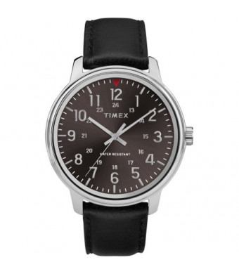 Timex Men's Core 43mm Black/Silver-Tone Watch, Black Leather Strap