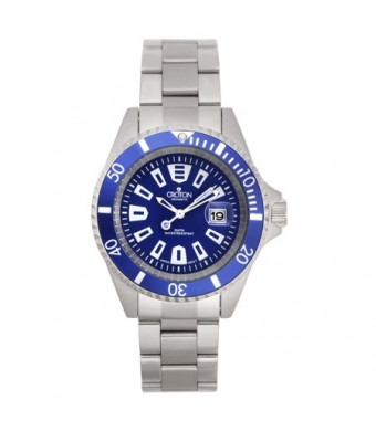 Croton Men's All Stainless Blue Dial Quartz Watch with Blue Rotating Bezel & Magnified Date