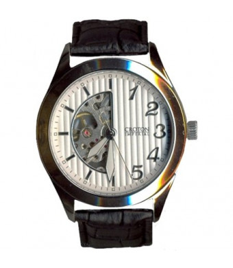 Croton Men's Silvertone Automatic with Patterned Dial with Skeleton and Leather Strap