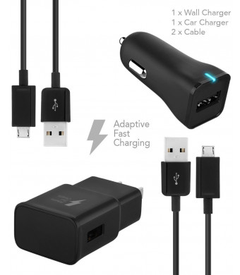 Ixir Samsung Galaxy J1Ace Neo Charger Micro USB 2.0 Cable Kit by Ixir {Wall Charger + Car Charger + 2Cable} True Digital Adaptive Fast Charging uses dual voltages for up to 50% faster charging