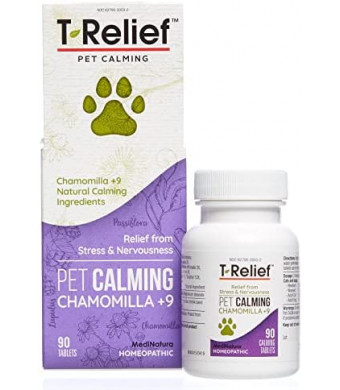 MediNatura T-Relief Pet Calming Natural Comfort Remedy & Nervousness Relief with Chamomile + 9 Homeopathic Stress Relieving Active Ingredients - Relaxing Herbal Blend for Dog & Cat - 90 Tablets