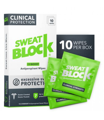 SweatBlock Clinical Strength DRIBOOST Antiperspirant Wipes - Treat Hyperhidrosis & Excessive Sweating for Men & Women - Up to 7 Days Sweat Protection Per Wipe - Dermatologist Tested, Unscented,10 ct.