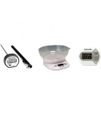 Taylor 4.4 lb Digital Kitchen Scale and Bowl; Instant Read Thermometer and Timer