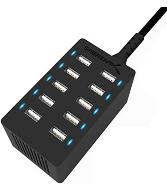 SABRENT 60 Watt (12 Amp) 10-Port [UL Certified] Family-Sized Desktop USB Rapid Charger. Smart USB Ports with Auto Detect Technology [Black] (AX-TPCS)