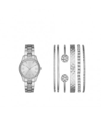 Ladies' Silver Watch and Stackable Bracelet Gift Set