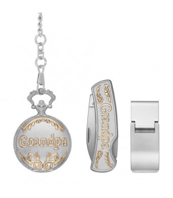Men's "Grandpa" Pocket Watch Gift Set with Money Clip and Multi-Tool