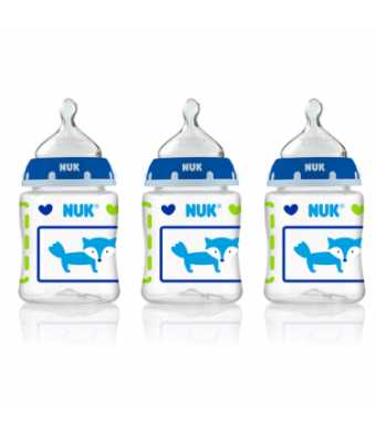 NUK Woodlands Baby Bottle with Perfect Fit Nipple, 5 oz, 3-Count , Medium Flow, Boy Design