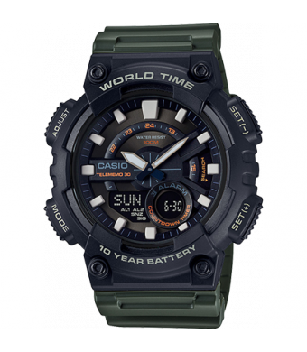Casio Men's World Time Telememo 30 Watch, Green Resin Strap - AEQ110W-3AV