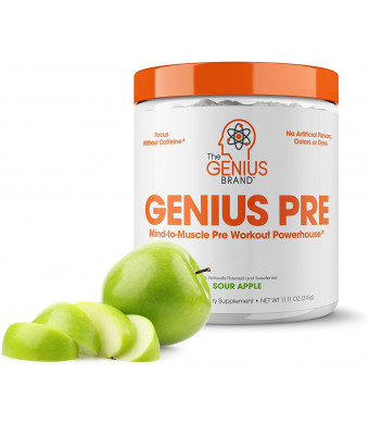Genius Pre Workout Powder  All Natural Nootropic Preworkout and Caffeine Free Nitric Oxide Booster w/Beta Alanine and Alpha GPC | Boost Focus, Energy and NO | Muscle Builder Supplement Sour Apple  20SV