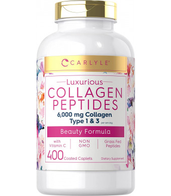 Advanced Collagen Peptides | 400 Caplets | 6000mg, Grass Fed, with Vitamin C Type 1 and 3 | Non-GMO, Gluten Free Supplement | Hair, Skin and Nails Pills by Carlyle