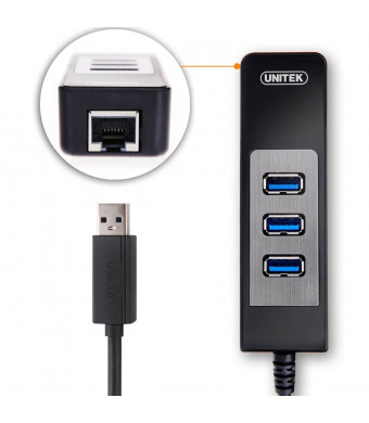 Unitek 3 Ports USB 3.0 Hub with RJ45 10/100/1000 Gigabit Ethernet Converter LAN Wired Network Adapter for Laptops, Ultrabooks and Tablet PCs with USB