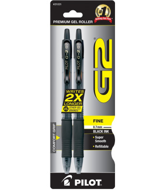 Pilot G2 Retractable Premium Gel Ink Roller Ball Pens, Fine Point, 2-Pack, Black Ink (31031)