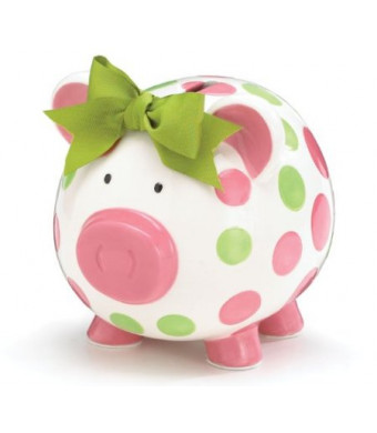 Girls Pink and Green Circles Pig Piggy Bank Green Bow Ceramic Personalized Baby Nursery Decor