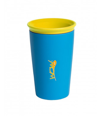 Wow Cup for Kids - NEW Innovative 360 Spill Free Drinking Cup - BPA Free - 9 Ounce (Blue with yellow Lid)
