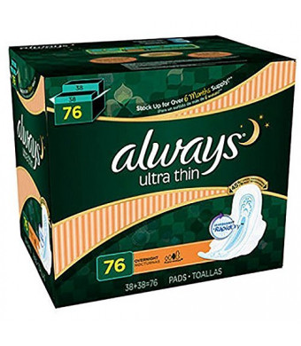 Always Ultra Overnight With Wings, Unscented Thin Pads 76 Count