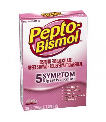 Pepto-Bismol Original Chewables 5 Symptom Relief, Including Upset Stomach and Diarrhea 30 Count (Pack of 4)