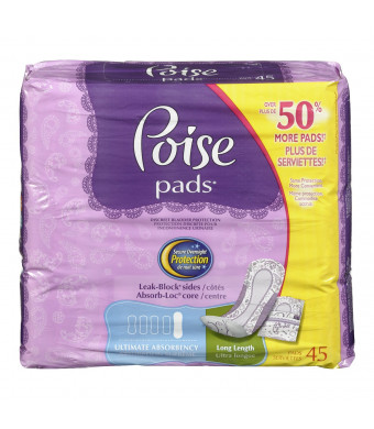 Poise Ultimate Absorbency Overnight Incontinence Pads, Long, 45 Count