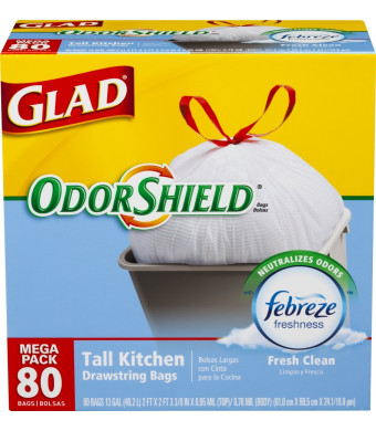 Glad OdorShield Tall Kitchen Drawstring Trash Bags, Fresh Clean, 13 Gallon, 80 Count