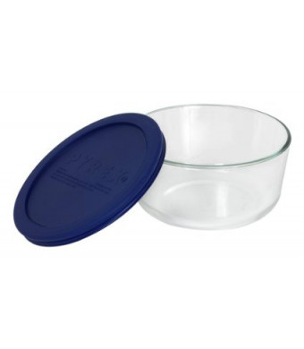 Pyrex Storage 4-Cup Round Dish with Dark Blue Plastic Cover, Clear