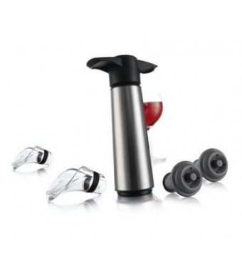 Vacu Vin Wine Saver Pump with 2 x Vacuum Bottle Stoppers and 2 x Wine Servers / Pourers - Stainless Steel