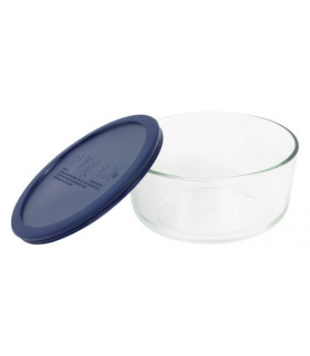 Pyrex Storage 7-Cup Round Dish with Dark Blue Plastic Cover, Clear