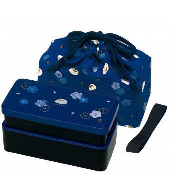 Japanese Traditional Rabbit Blossom Bento Box Set - Square 2 Tier Bento Box, Rice Ball Press, Bento Bag (Blue)