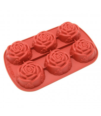 Freshware CB-205RD 6-Cavity Rose Shape Silicone Mold for Homemade Soap, Cake, Cupcake, Bread, Muffin, Pudding, Jello, and More