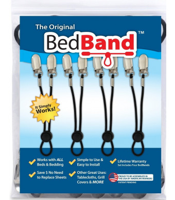 ORIGINAL Bed Band USA. Lifetime Warranty. No more loose corners! Smooth fit for flat and fitted sheets on any standard size, inflatable, RV, hospital