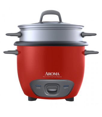 Aroma 6-Cup (Cooked) Pot Style Rice Cooker and Food Steamer, Red