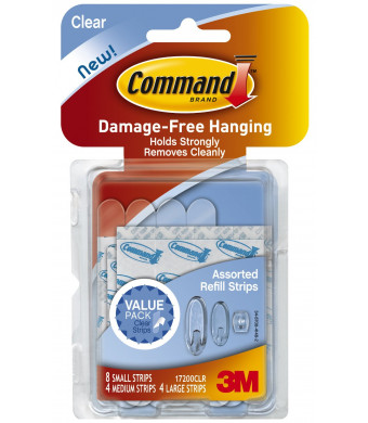 Command Assorted Refill Strips, Clear, 8-Small Strip, 4-Medium Strip, 4-Large Strip