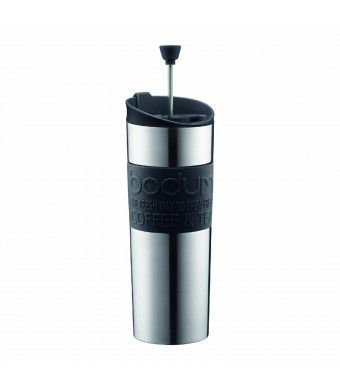 Bodum Insulated Stainless-Steel Travel French Press Coffee and Tea Mug, 0.45-Liter, 15-Ounce, Black