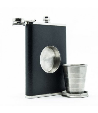 The Original Shot Flask - 8oz Hip Flask with a Built-in Collapsible Shot Glass - Stainless Steel with Premium Bonded Leather Wrapping (Black)